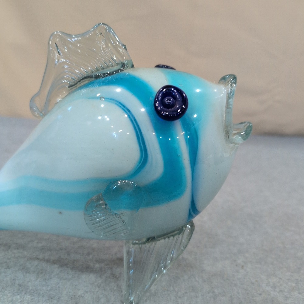 Hand Blown Art Glass Fish Figurine Blue White Swirl Nautical Decor Sculpture - Picture 6 of 8